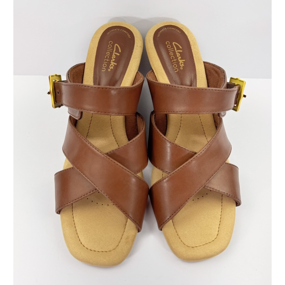 Clarks Womens Kyarra Judi Slip on Comfort Casual Brown Leather Wedge Sandal 8.5M - Picture 2 of 11